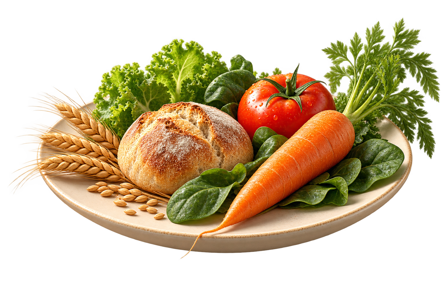 A plate filled with bread, vegetables, and grains